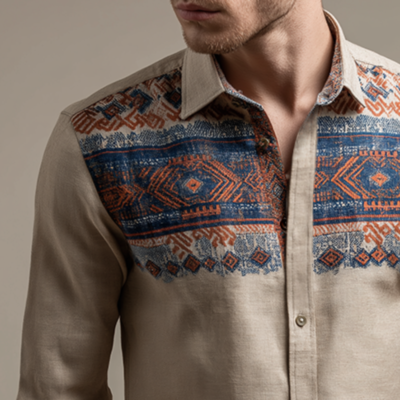 Men's Retro Casual Ethnic Style Geometric Print Lapel Long Sleeve Shirt MTA3176G4TO
