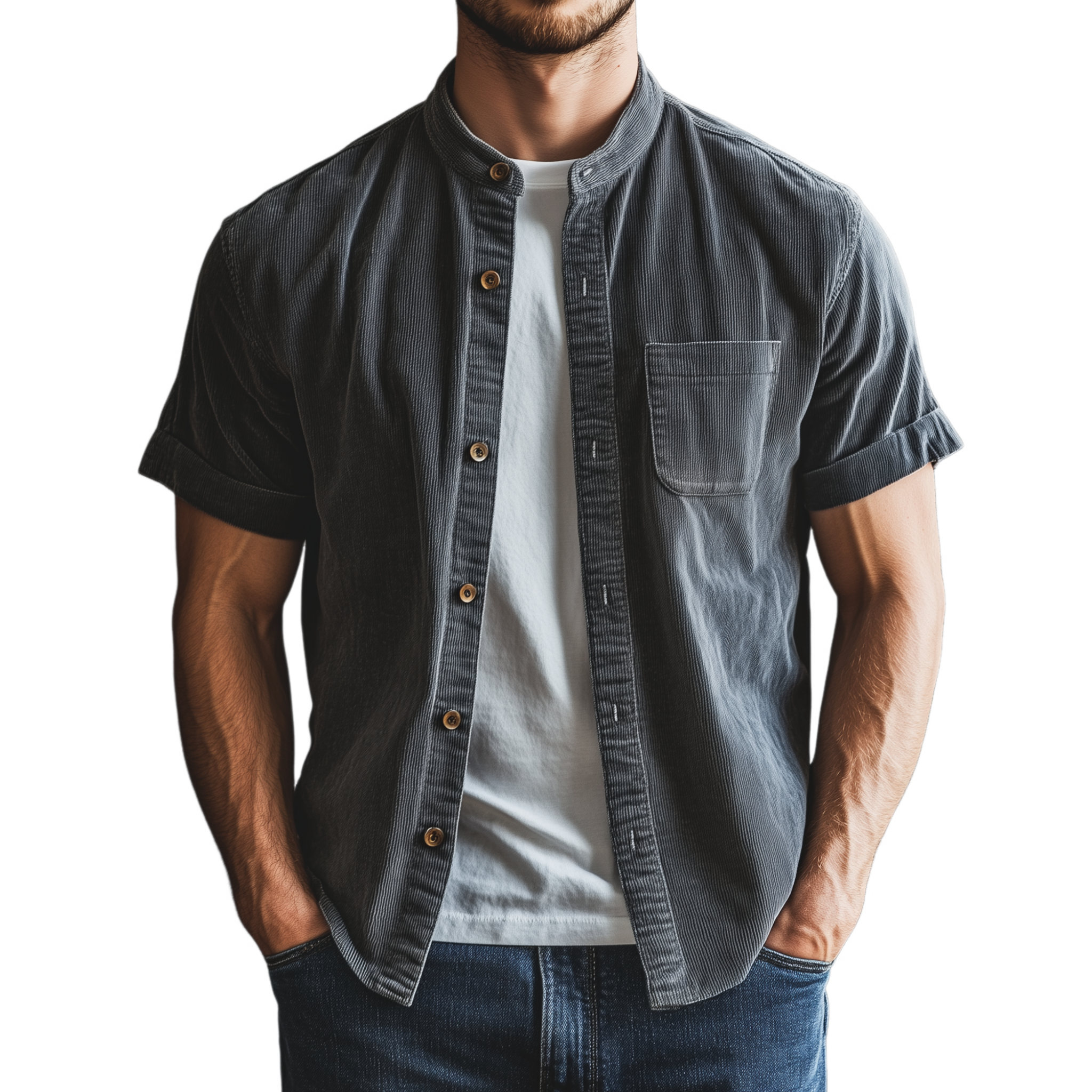 Men's Classic Casual Thin Corduroy Cuffs Roll-up Collar Short-sleeved Shirt MTA1974G6K