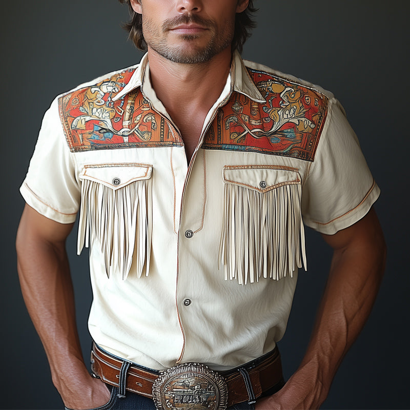 Men's Summer Western Cowboy Style Tassel Short Sleeve Shirt MTA0737E4U