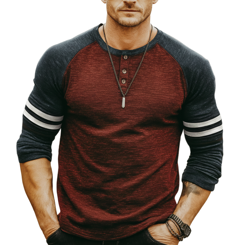 Men's Urban Cotton Blend Color Block Three-Button Henley Collar Long-Sleeve T-Shirt MTZ0797A2U