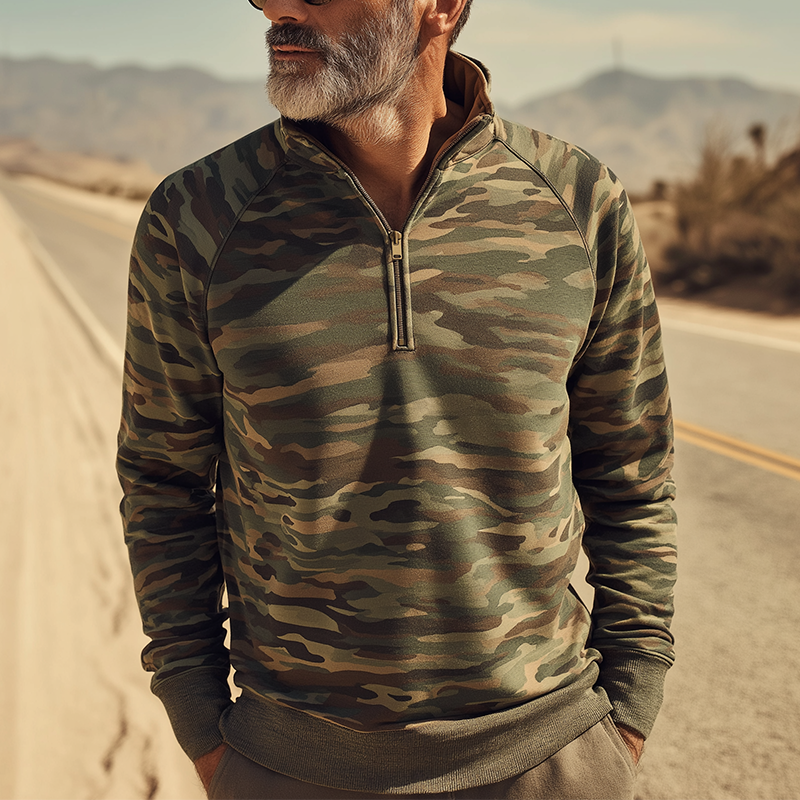 Men's Fashion Camouflage Print Half-Zip Polo Shirt MTA1448H9P