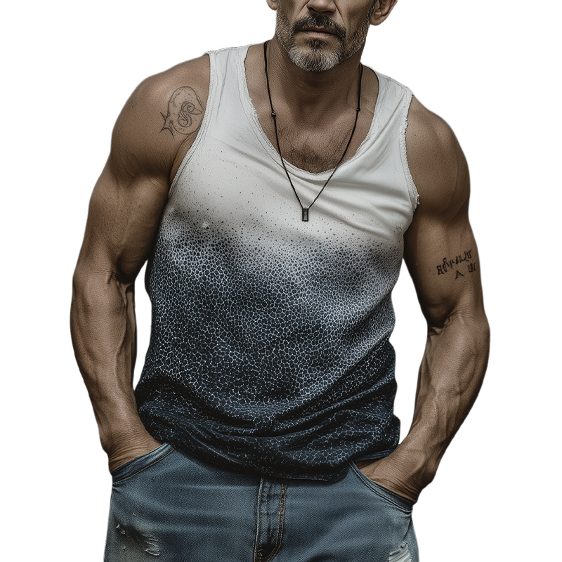 Men's Spring And Summer Fashion Casual Art Print U-neck Cuffs Raw Edge Cotton Blended Tank Top MTA0958G3K