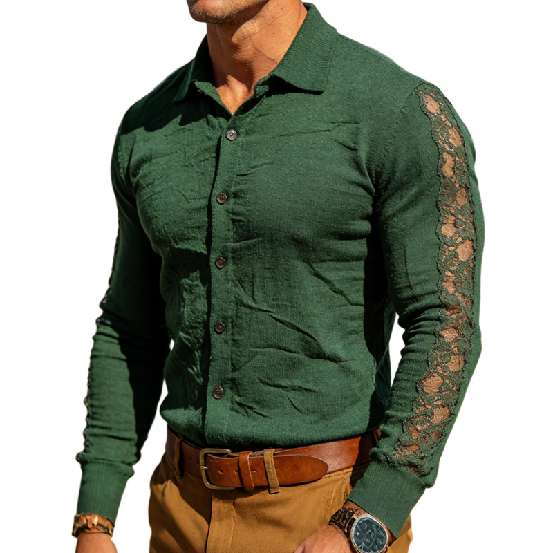 Men's Retro Casual Knitted Patchwork Lace Lapel Long-Sleeve Shirt MTA2313L1TO