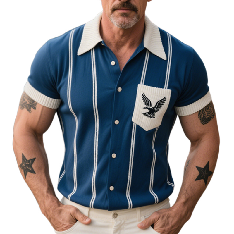 Men's Retro Casual Striped Print Eagle Pocket Short-Sleeved Polo Shirt MTA1450E1TO