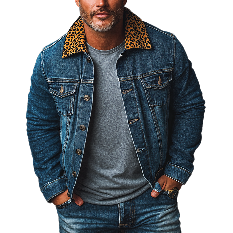Men's Retro Leopard Print Collar Washed Denim Button Jacket MTA2636K9P