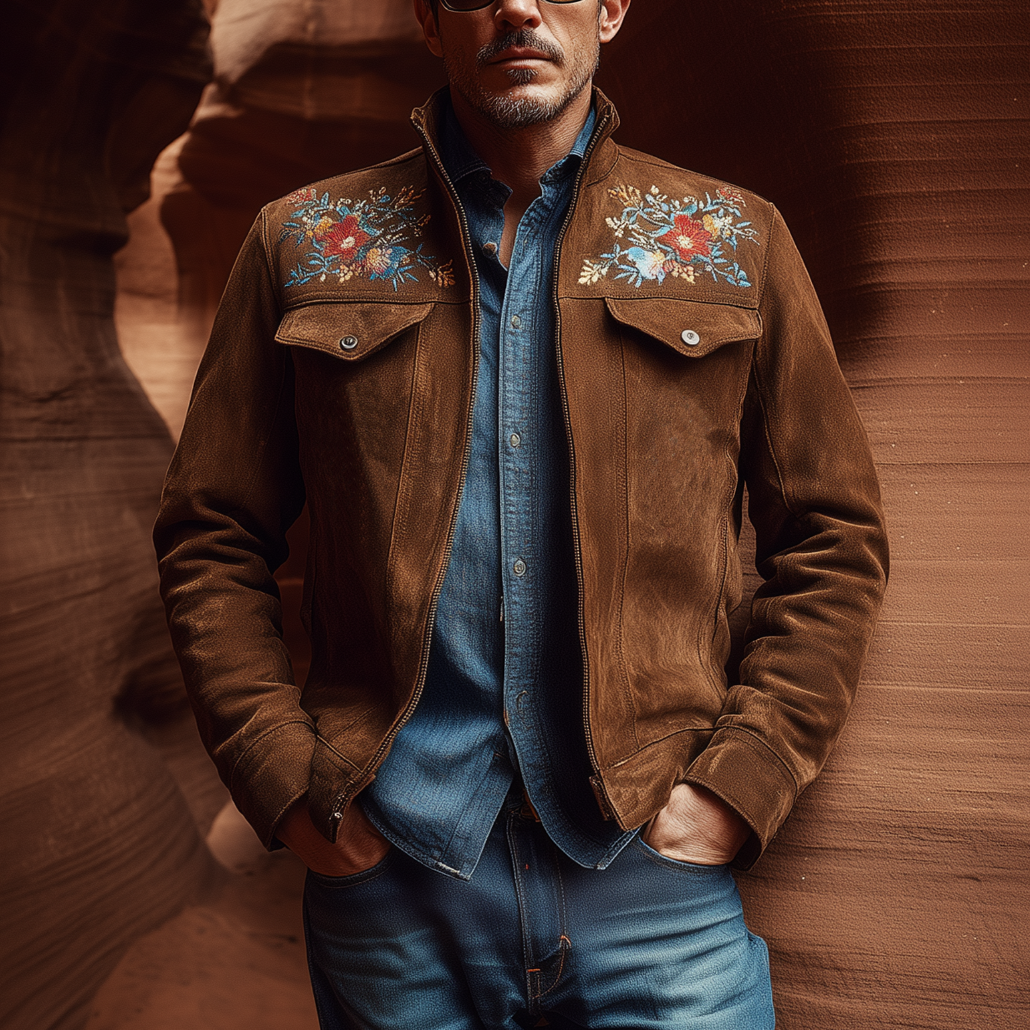Men's Classic American Retro Western Style Stand Collar Embroidered Suede Jacket MTA2162H3K