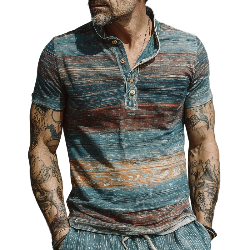 Men's Stripe Print Lapel Short Sleeve T-Shirt MTA2714F0X