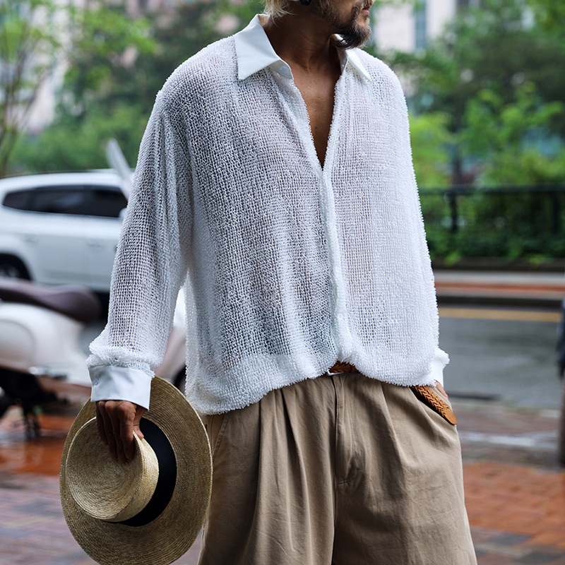 Men's Casual Breathable Hollow Mesh Patchwork Lapel Loose Long-sleeved Shirt MTA0783G5M