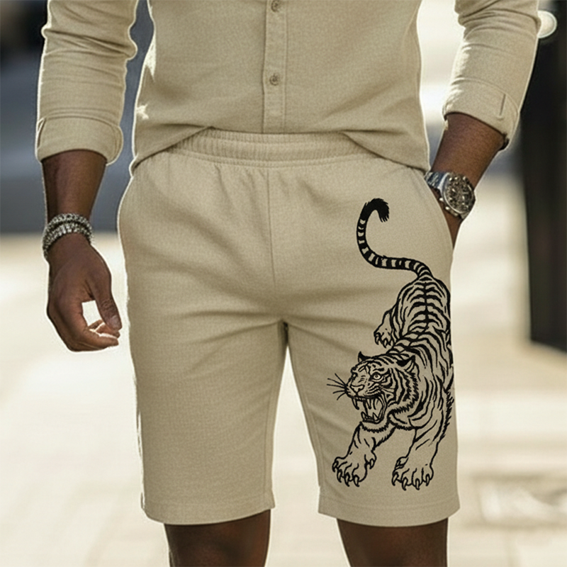 Men's Fashion Tiger-Embroidered 100% Cotton Beach Shorts MTZ2712A8P
