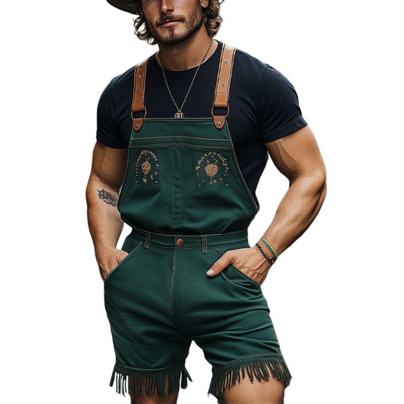 Men's Summer Retro Embroidered Tassel Denim Overalls MTA1174F1U