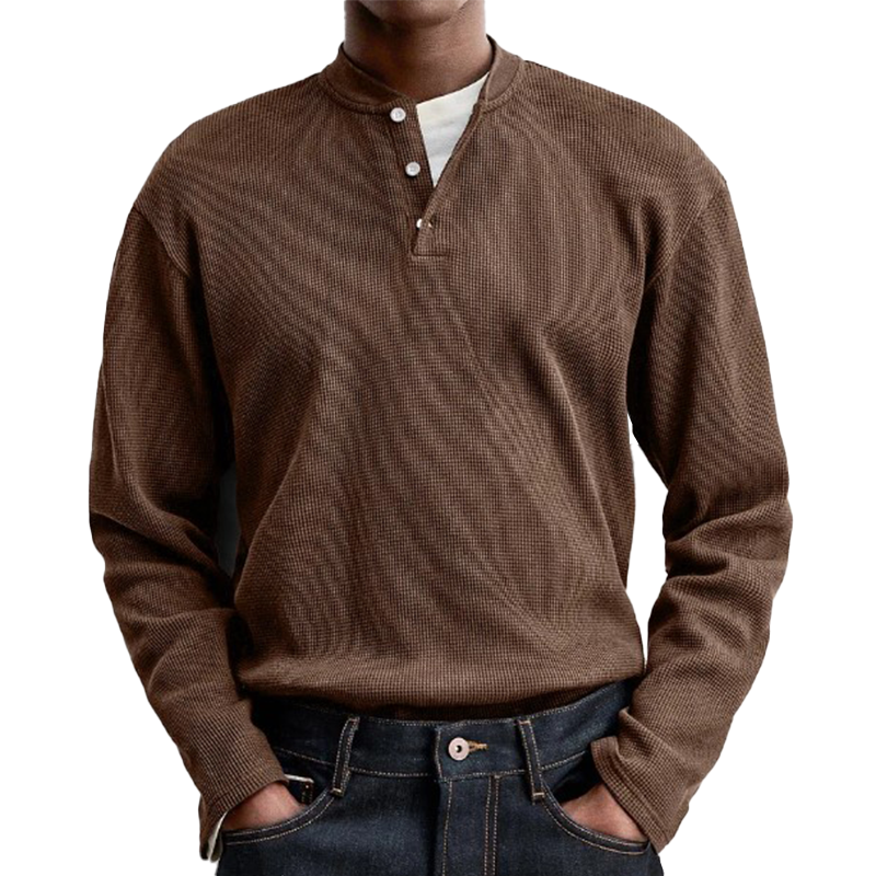 Men's Solid Waffle Long Sleeve Henley Shirt MTA3016G0P