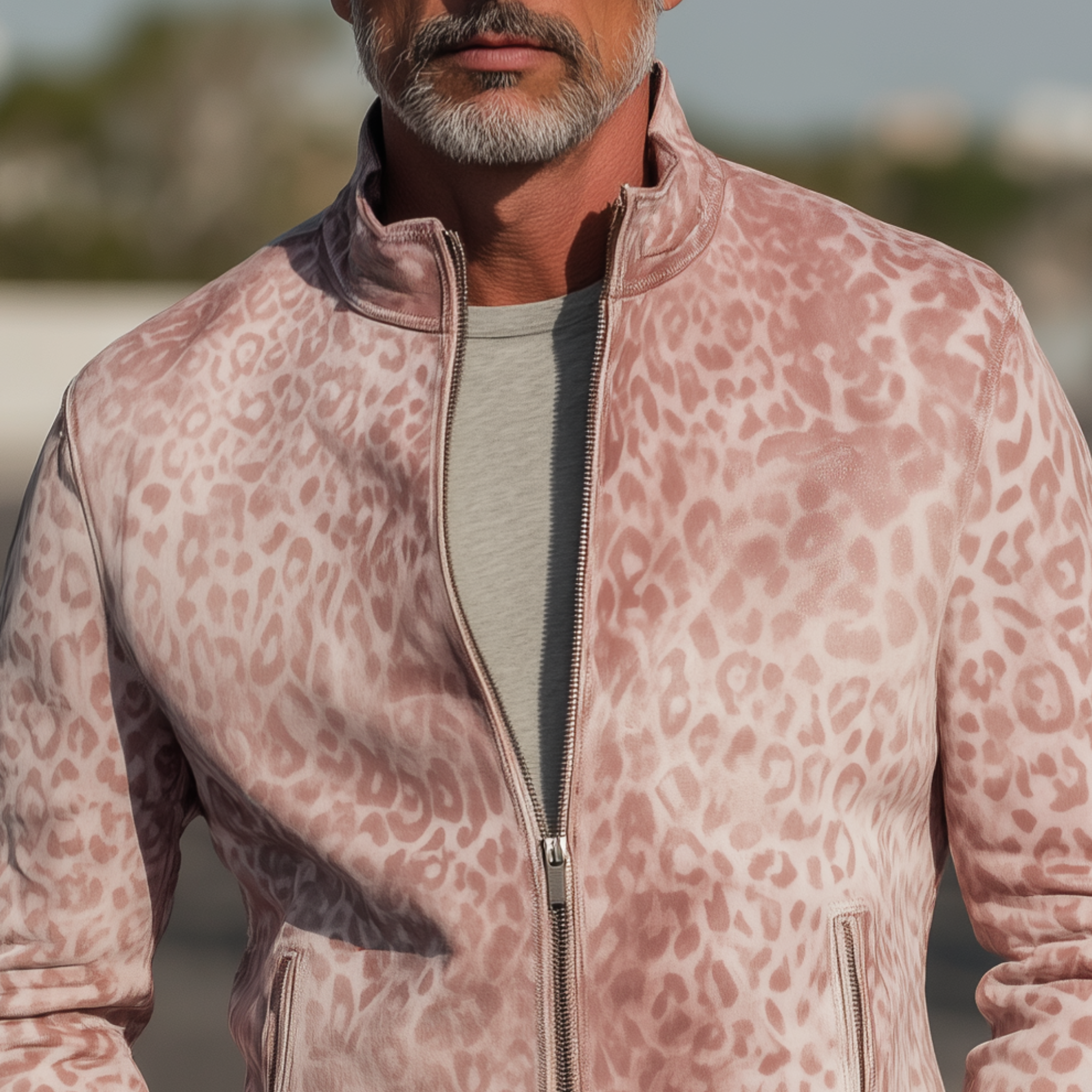 Men's Fashion Casual Pink Leopard Print Suede Stand Collar Zipper Jacket MTA1314H0K