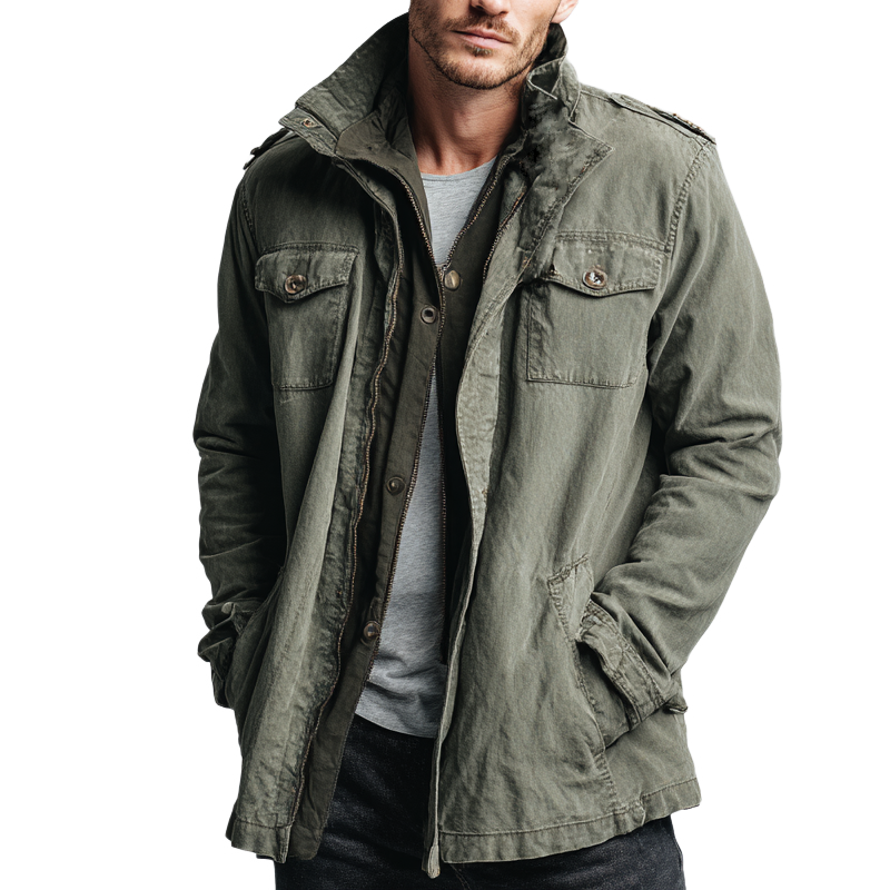 Men's Vintage Washed Denim Stand Collar Mid-length Coat MTA0549H7X