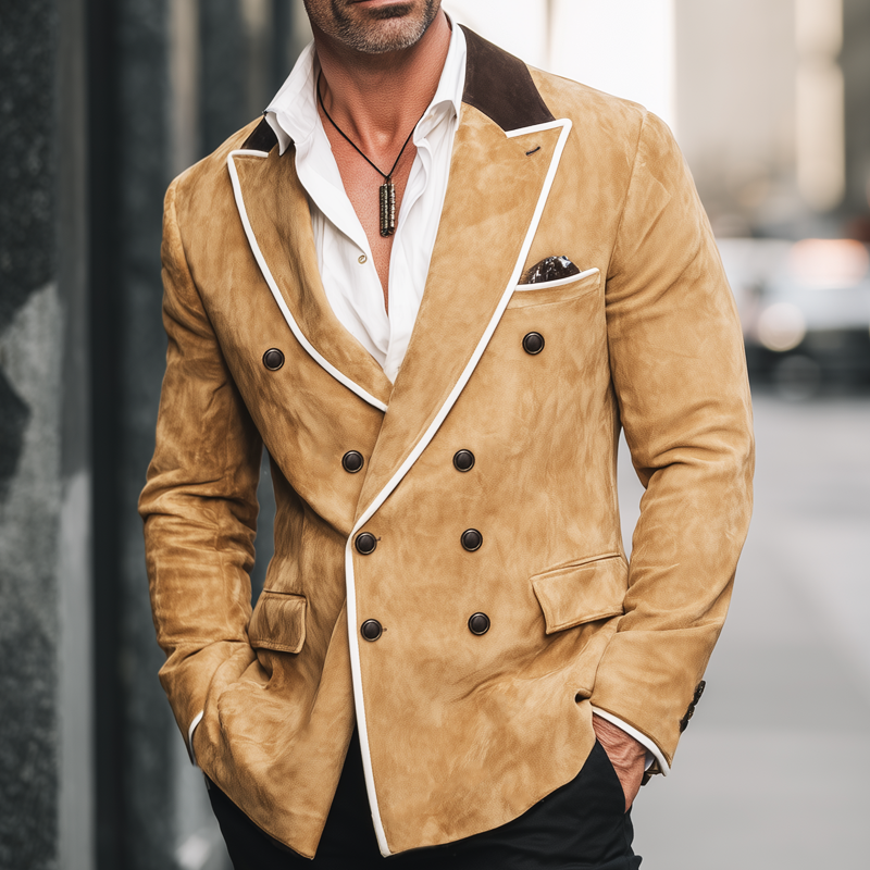 Men's Business Double-breasted Colorblock Collar Suede Blazer MTA2560H6U