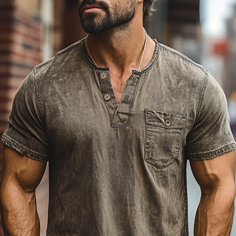 Men's Classic American Retro Casual V-neck Pocket Distressed Short-sleeved T-shirt 27936675K