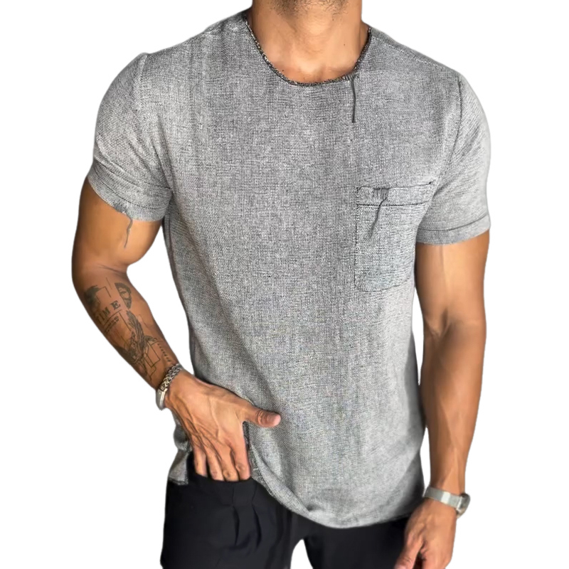 Men's Retro Casual Linen Pocket Round Neck Short Sleeve T-Shirt MTA0691E2TO