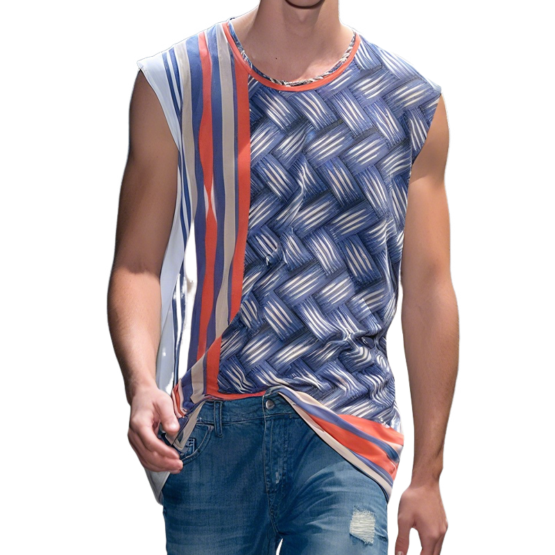 Men's Spring And Summer Fashion Casual Chiffon Printed Round Neck Tank Top MTA0407G7K