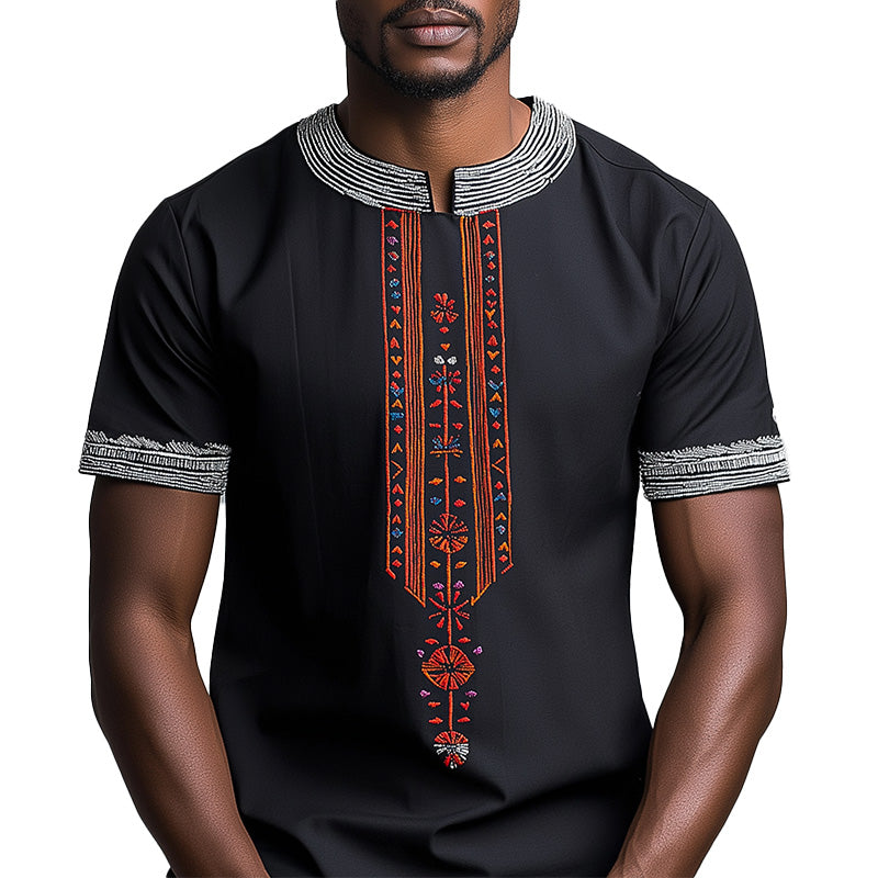 Men's Summer Ethnic Embroidery Cotton Blended Short Sleeve T-Shirt MTA2274E9P