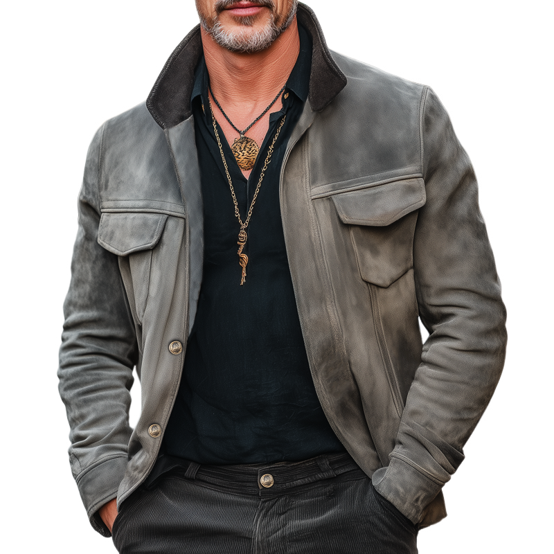 Men's Spring And Autumn Retro Stand Collar Suede Jacket MTA1851H7U