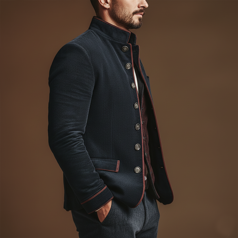 Men's Retro Stand Collar Corduroy Embroidered Lines Slim Fit Jacket