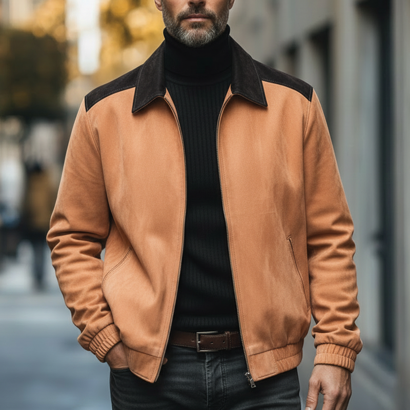 Men's Vintage Color-block Faux Suede Zip-up Jacket MTA2300L9P