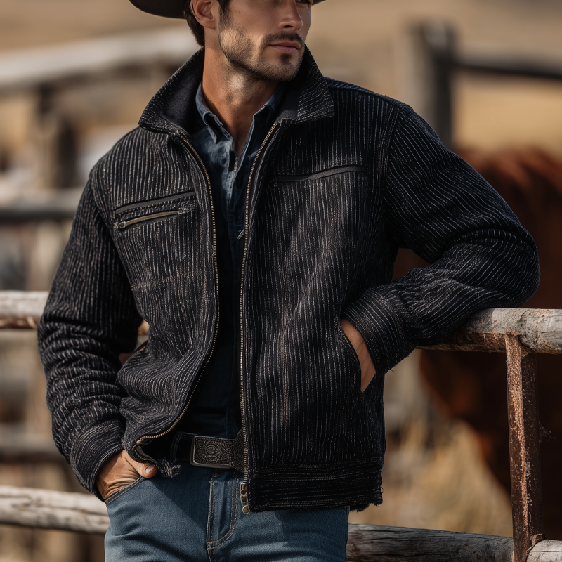 Men's Western Cowboy Style Ribbed Zipper Jacket MTA0732H2X