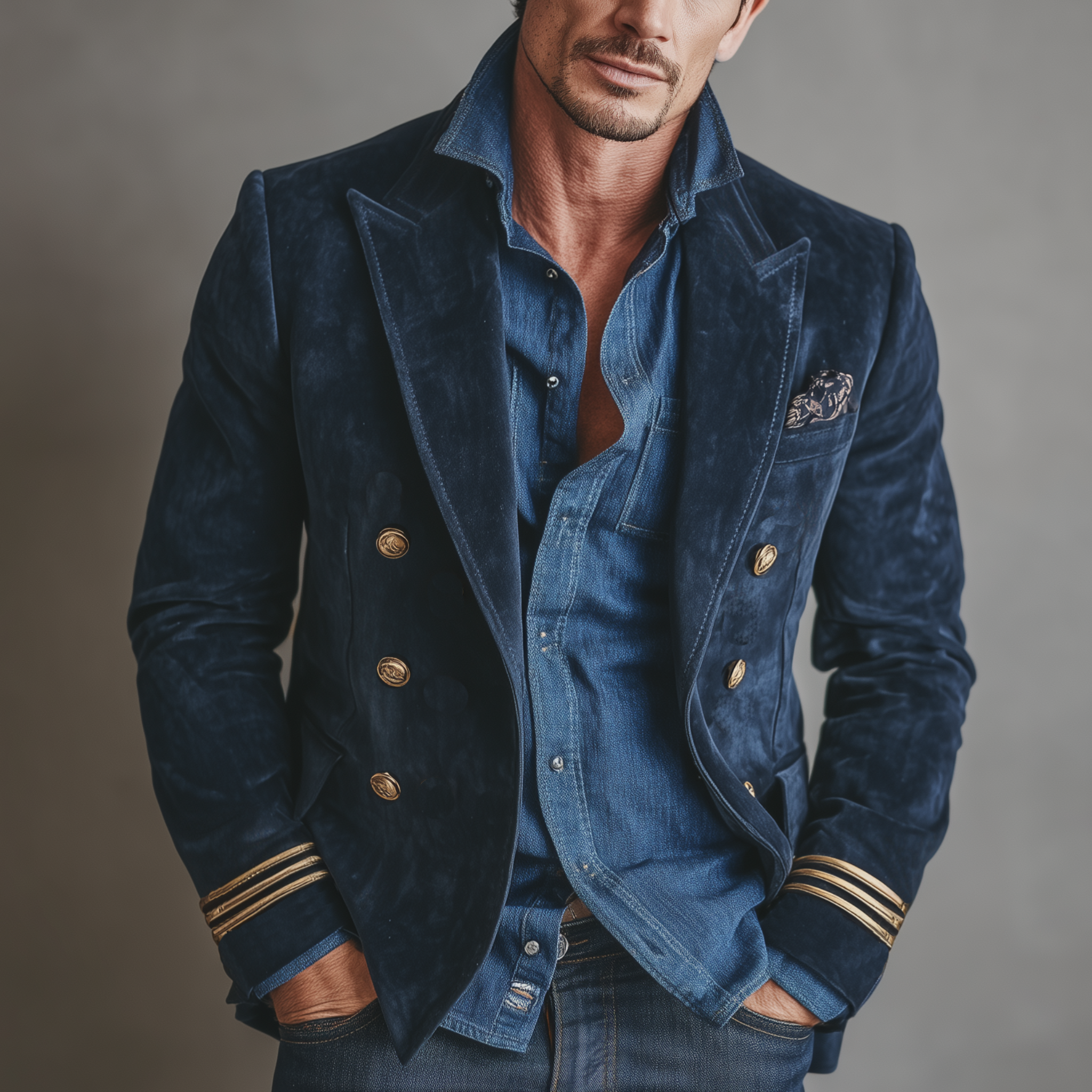 Men's Classic Vintage Navy Suede Double-breasted Slim-fit Blazer MTA1550I1K