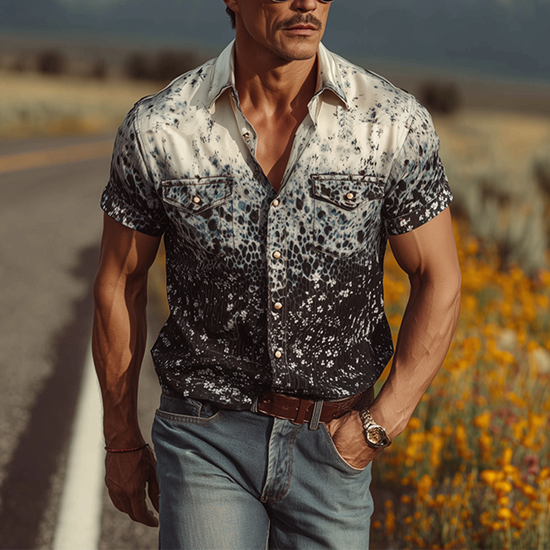 Men's Spring And Summer Fashion Casual Satin Art Gradient Print Slim Fit Short Sleeve Shirt MTA0804G7K