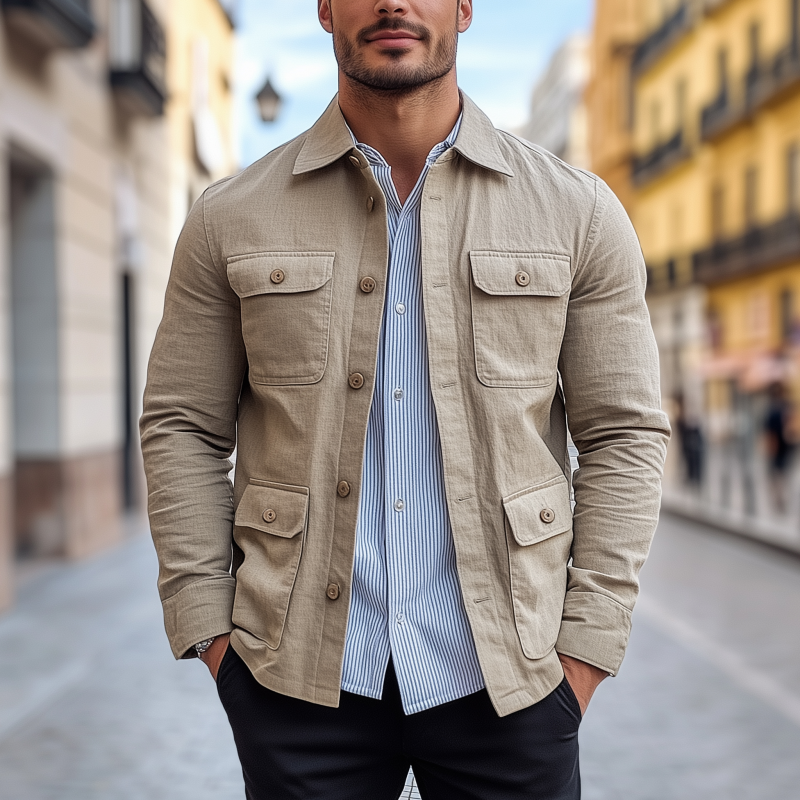 Men's Casual Solid Color Breathable Cotton Linen Blend Lapel Single-breasted Multi-pocket Slim-fit Jacket MTA0695H3M