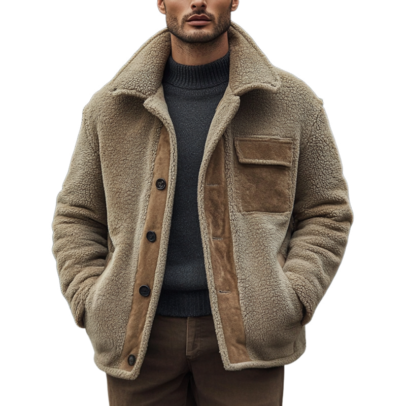 Men's Polar Fleece Panel Lapel Single-breasted Jacket MTA0908I3X
