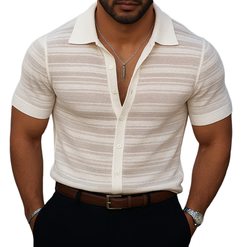 Men's Striped Lapel Short Sleeve Knit Shirt MTA0859G1Z