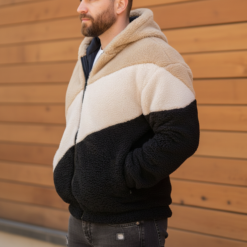 Men's Classic Color Block  Faux Lambswool Zip-Up Hooded Jacket MTA1106K7U