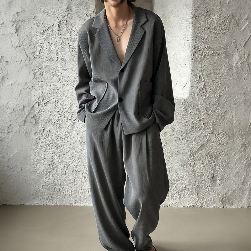 Men's Fashion Ribbed Cuban Collar Single Breasted Loose Long Sleeve Shirt Elastic Waist Straight Pants Set MTA0435G1M