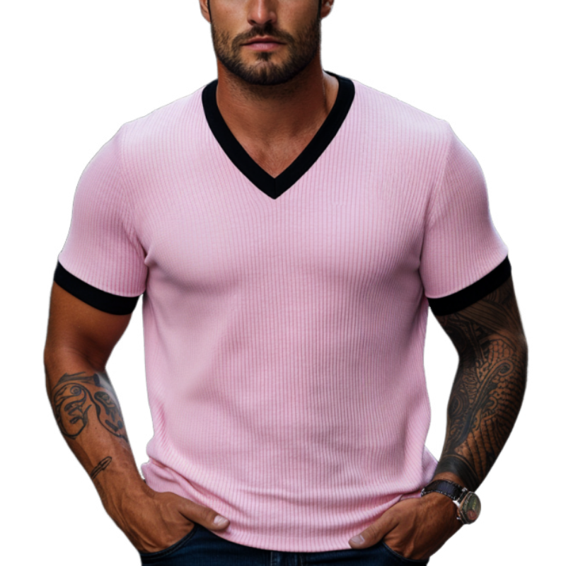 Herre hudvennlig ottomansk ribbet fargeblokk slim fit V-hals kortermet T-skjorte MTA0684F9Y