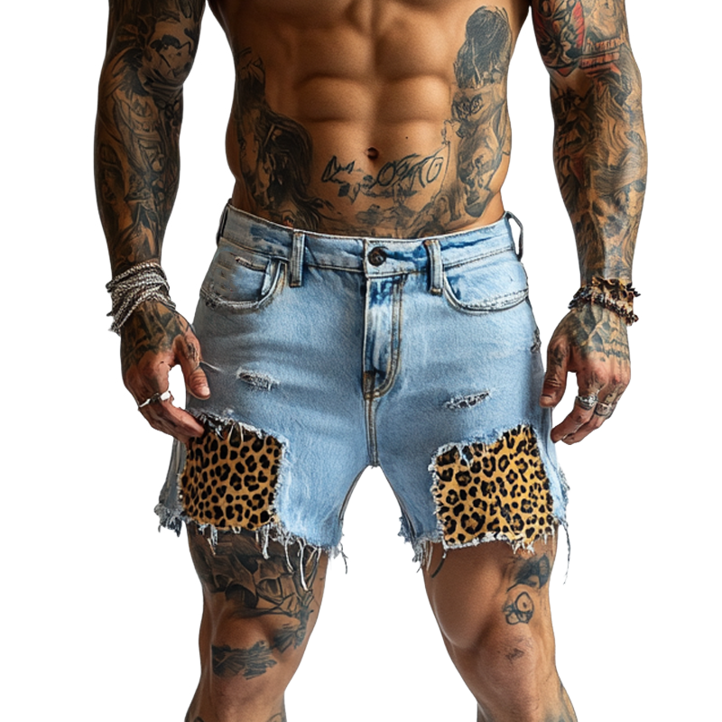 Men's Ripped Leopard Print Denim Shorts MTA1694F6X