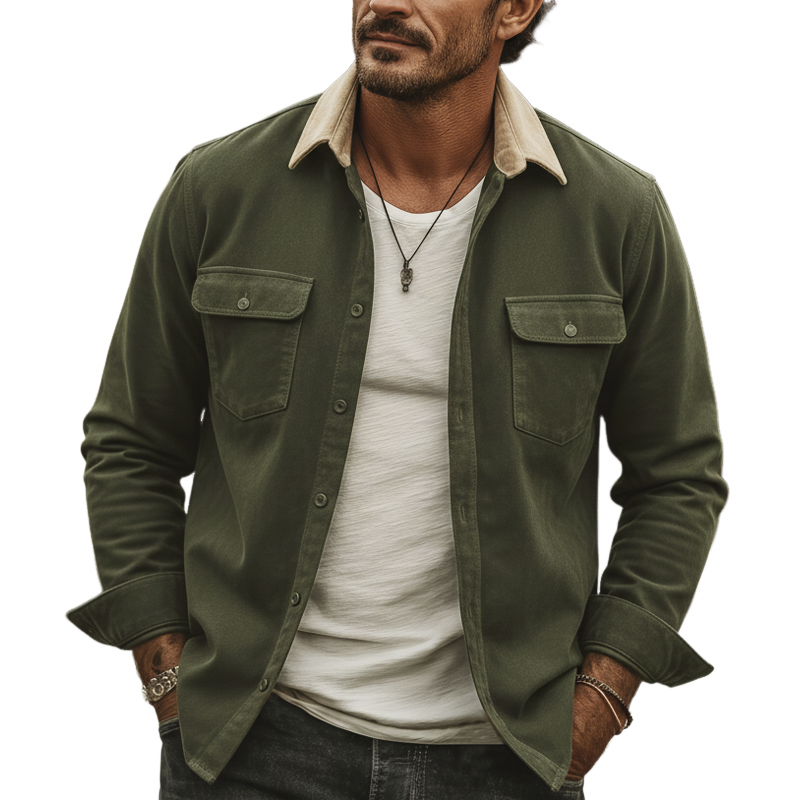 Men's Classic Army Green Faux Suede Colorblock Collar Long-sleeved Shirt MTZ2889A5U