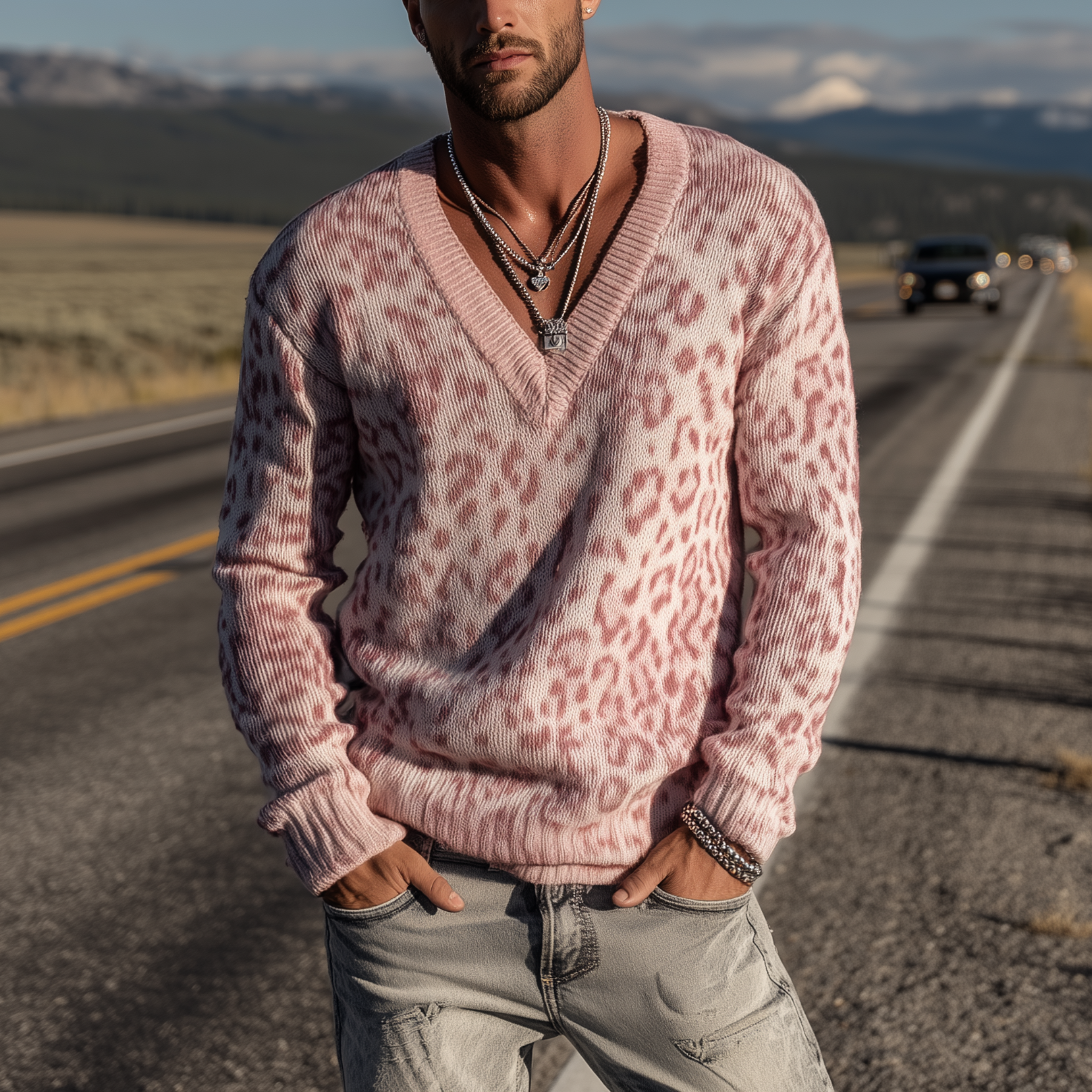 Men's Classic Vintage Leopard Print V-neck Sweater MTA0800H0K