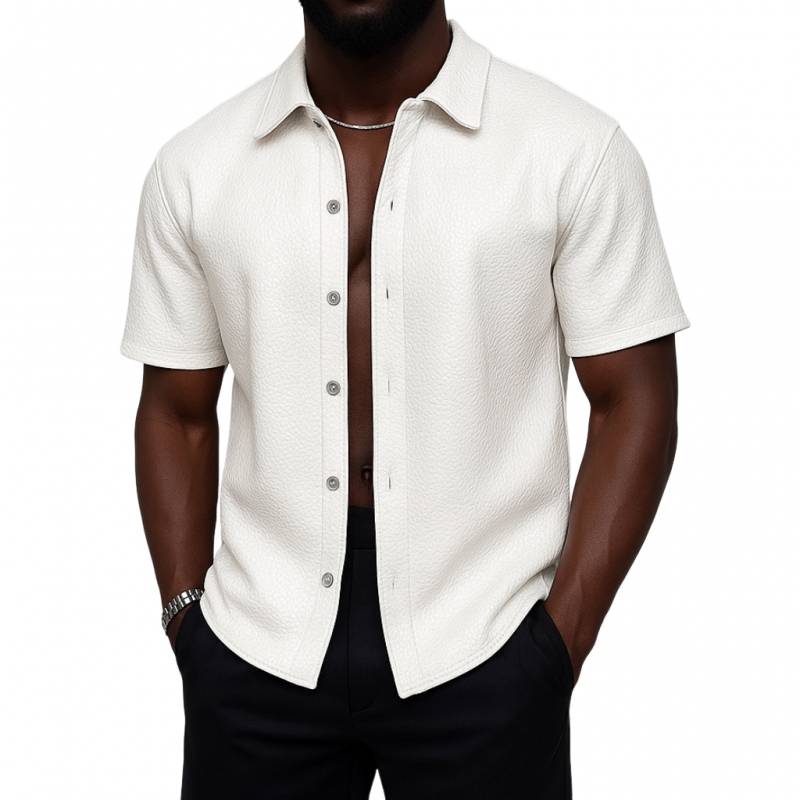 Men's Vintage Litchi Pattern PU Lapel Loose Short Sleeve Shirt MTA1397E1M
