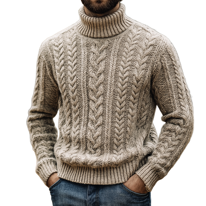 Men's Retro Casual Knitted Cable-Pattern Turtleneck Pullover Sweater MTA1576J1TO