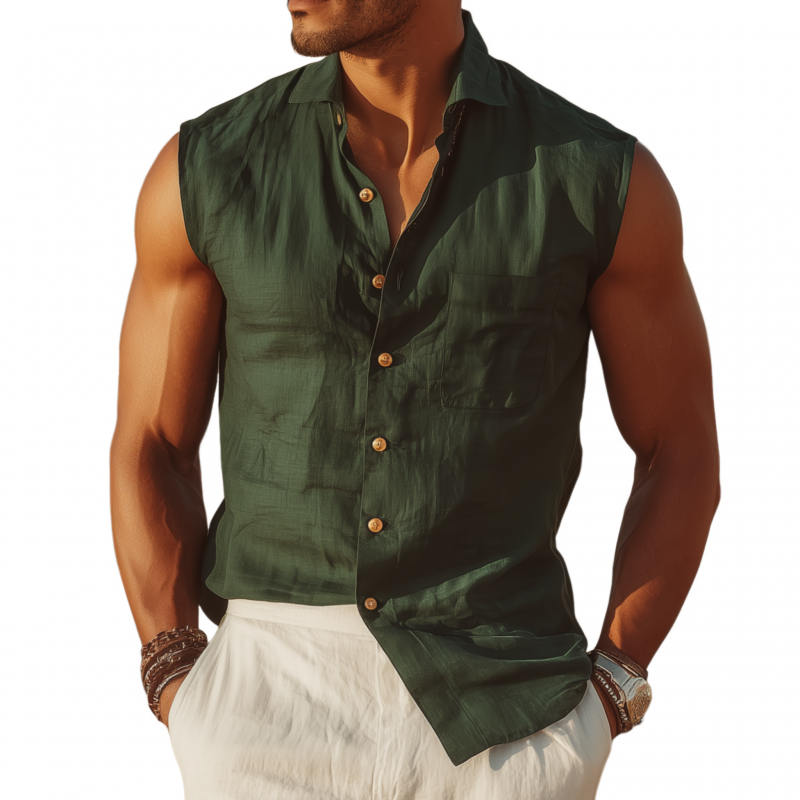 Men's Casual Solid Color Cotton Linen Lapel Patch Pocket Slim Fit Sleeveless Shirt MTA1489G8M