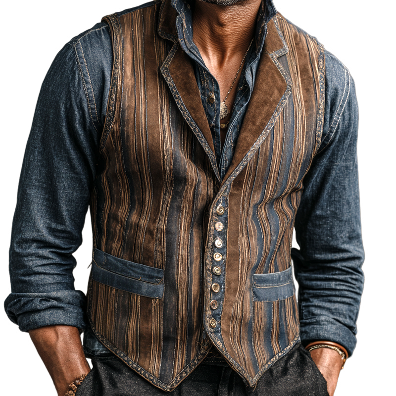 Men's Vintage Striped Printed Faux Suede Single Breasted Vest MTA2187H0Z