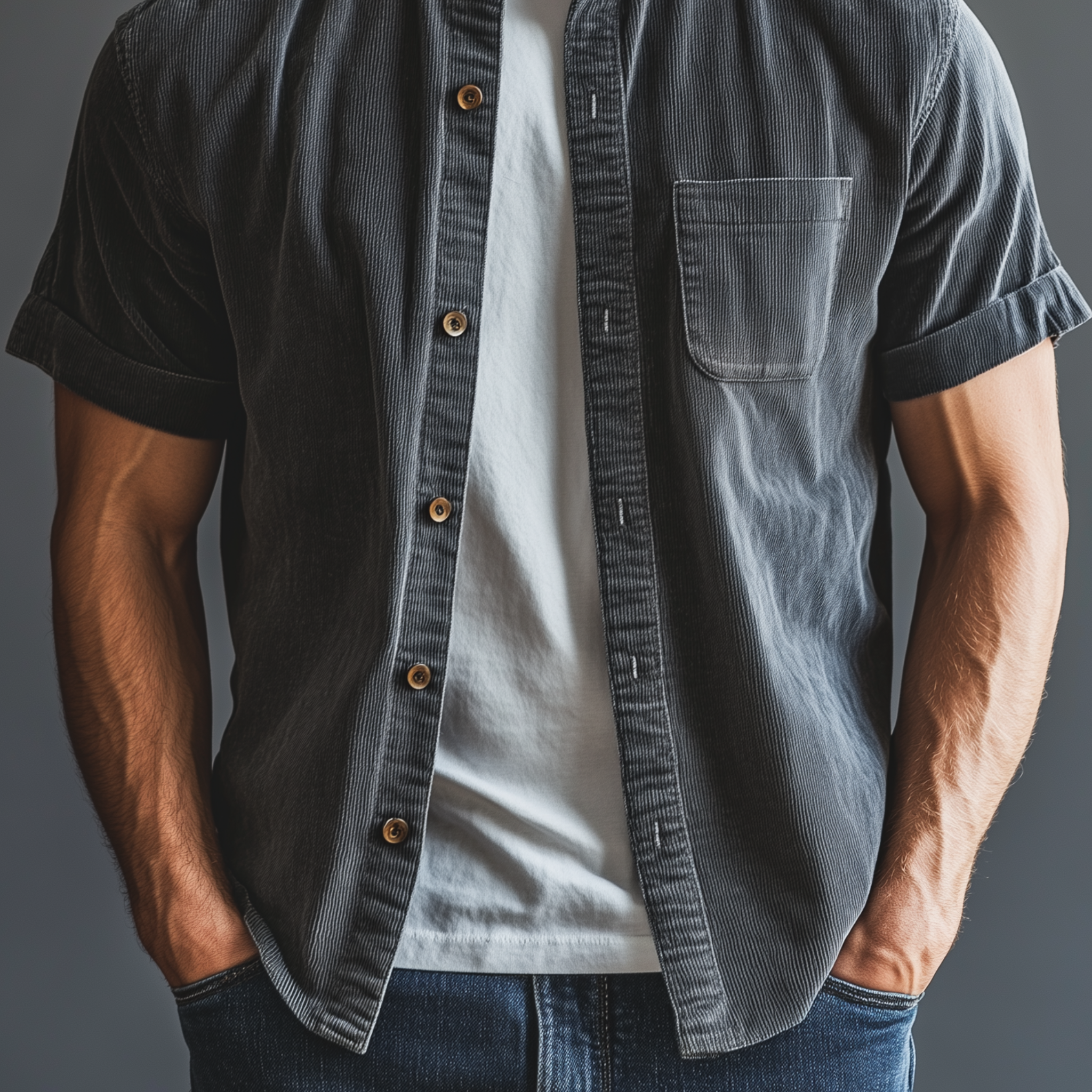 Men's Classic Casual Thin Corduroy Cuffs Roll-up Collar Short-sleeved Shirt MTA1974G6K