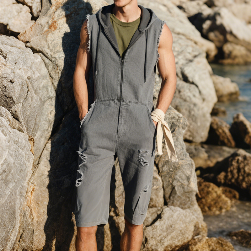 Men's Fashion Solid Hooded Sleeveless Shorts Rough Edges Outdoor Cargo Jumpsuit MTA1509E7Z