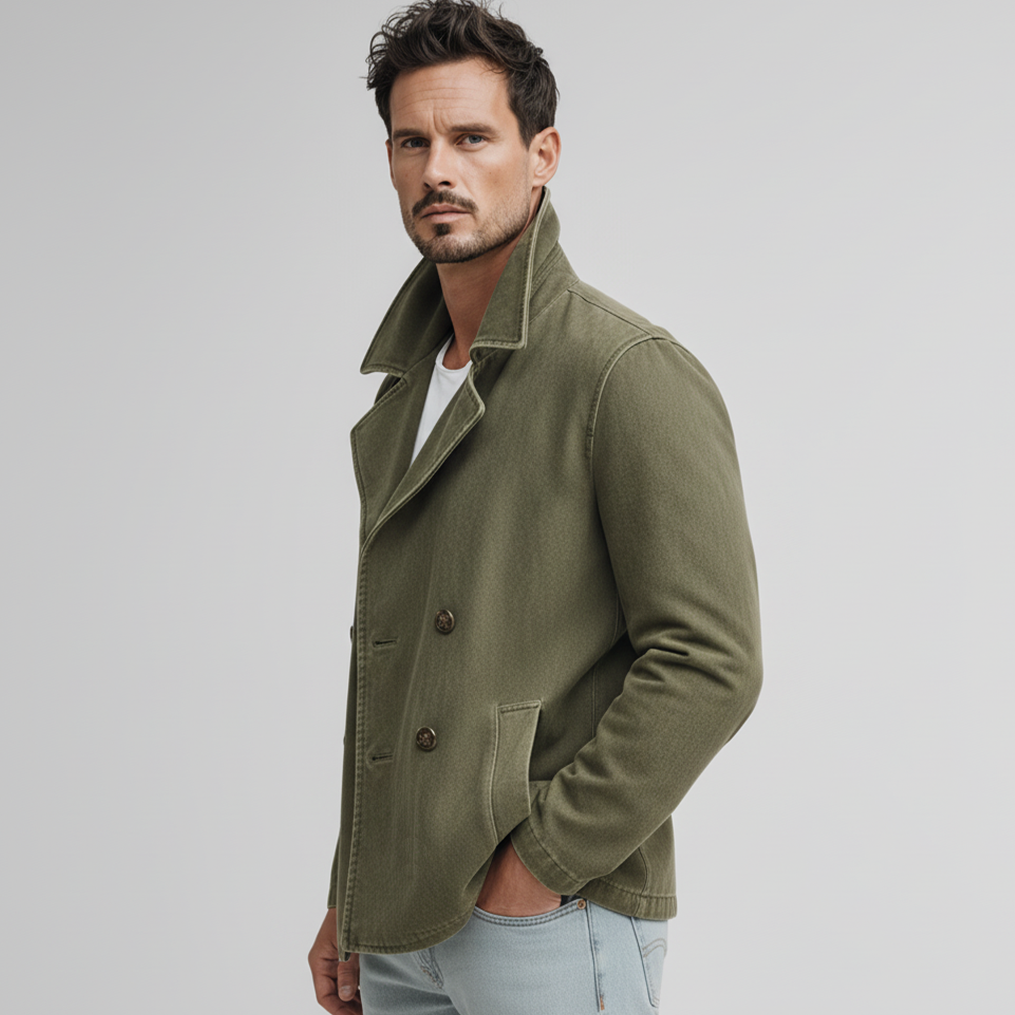 Men's Classic Lapel Washed Cotton Blend Double Breasted Jacket MTA2472J4K