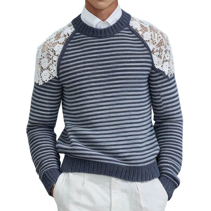 Men's Retro Casual Striped Knitted Lace Crew Neck Sweater MTA2268K7TO
