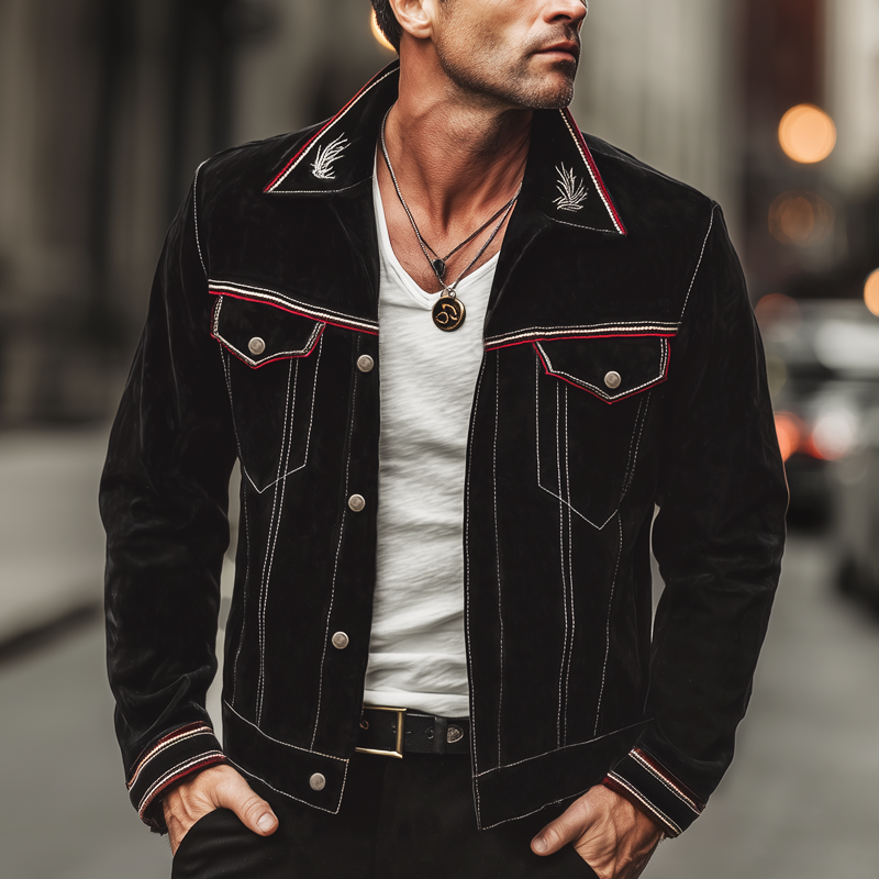 Men's Classic Suede Embroidered Button Jacket MTA2518H0U