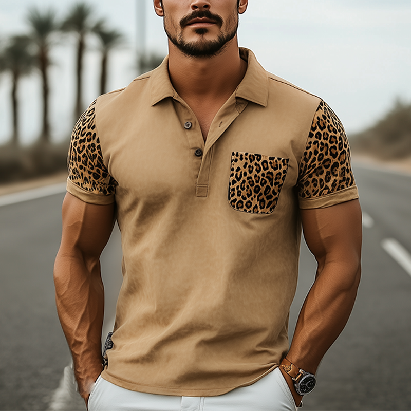 Men's New Spring And Summer Fashion Classic Retro Western Cowboy Style Suede Stitching Leopard Print Slim Short-Sleeved Polo Shirt MTA0982E3K