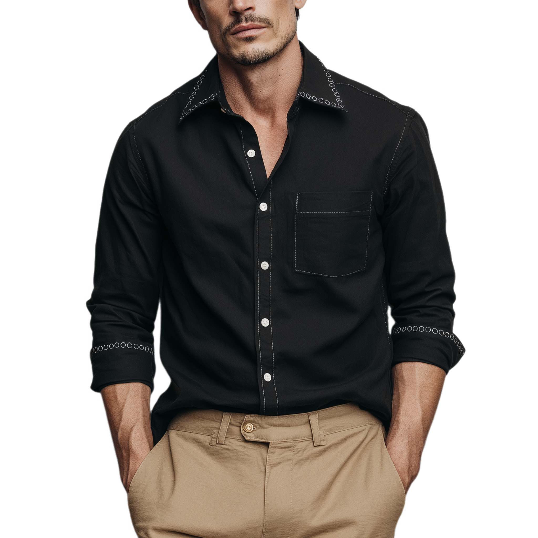 Men's Classic Casual Collar And Cuff Embroidered Cotton Blend Long Sleeve Shirt MTA3036G9K
