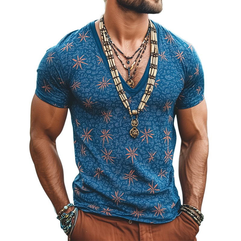 Men's Retro Casual Floral Print V-Neck Short Sleeve T-Shirt 13094079TO