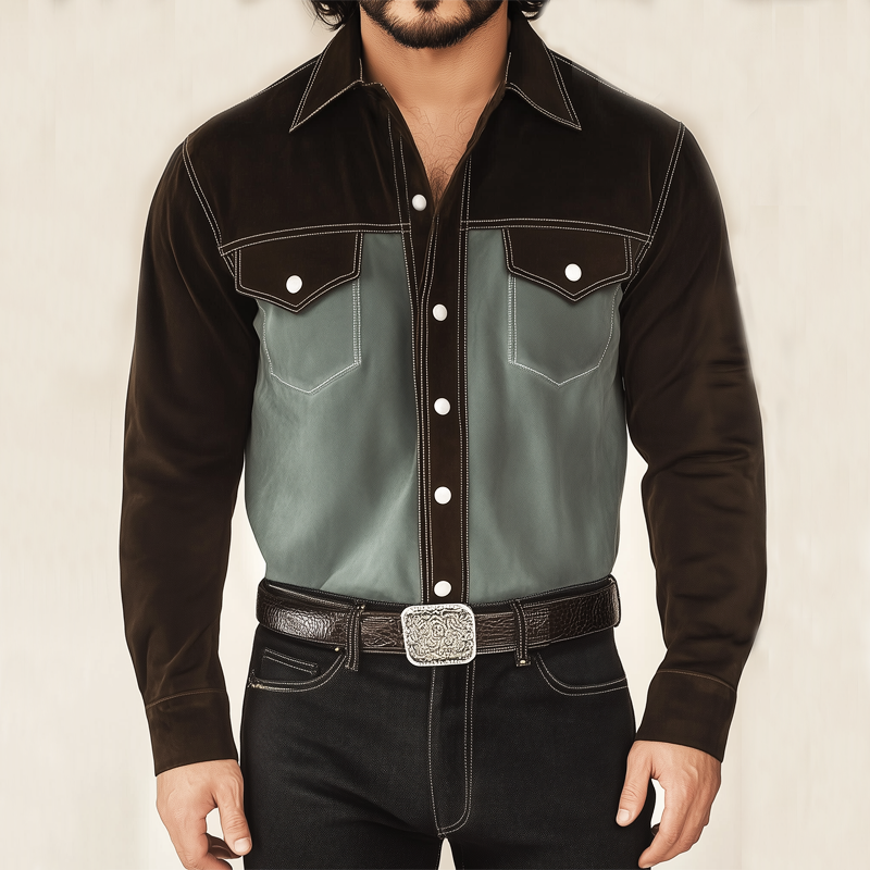 Men's Autumn Retro Colorblock Suede Long Sleeve Shirt MTA0701H0U